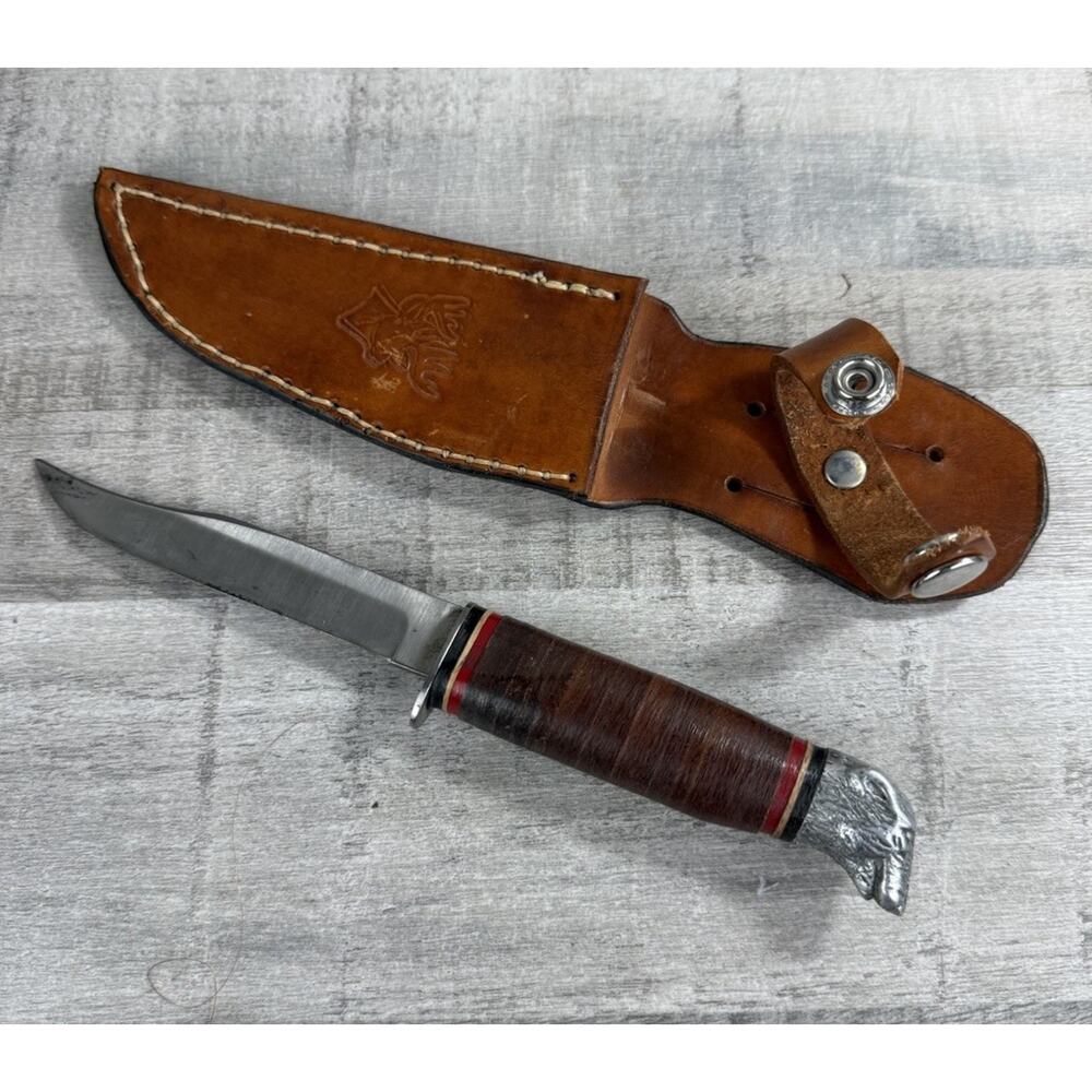 Vintage Craftsman Skinner Knife Bear Head Leather Handle With Sheath